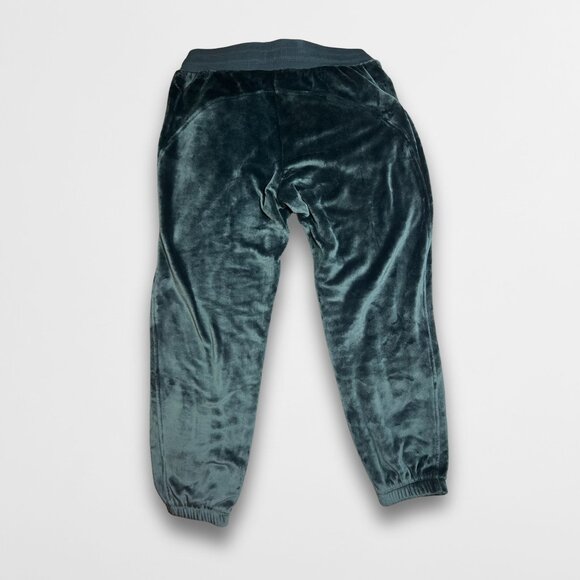 Athleta Double Cozy Karma Green Velvet Joggers Drawstring Waistband Ribbed Cuffs - Picture 3 of 5